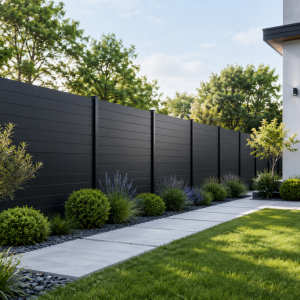 Modern matte black horizontal aluminum privacy fence in Toronto backyard