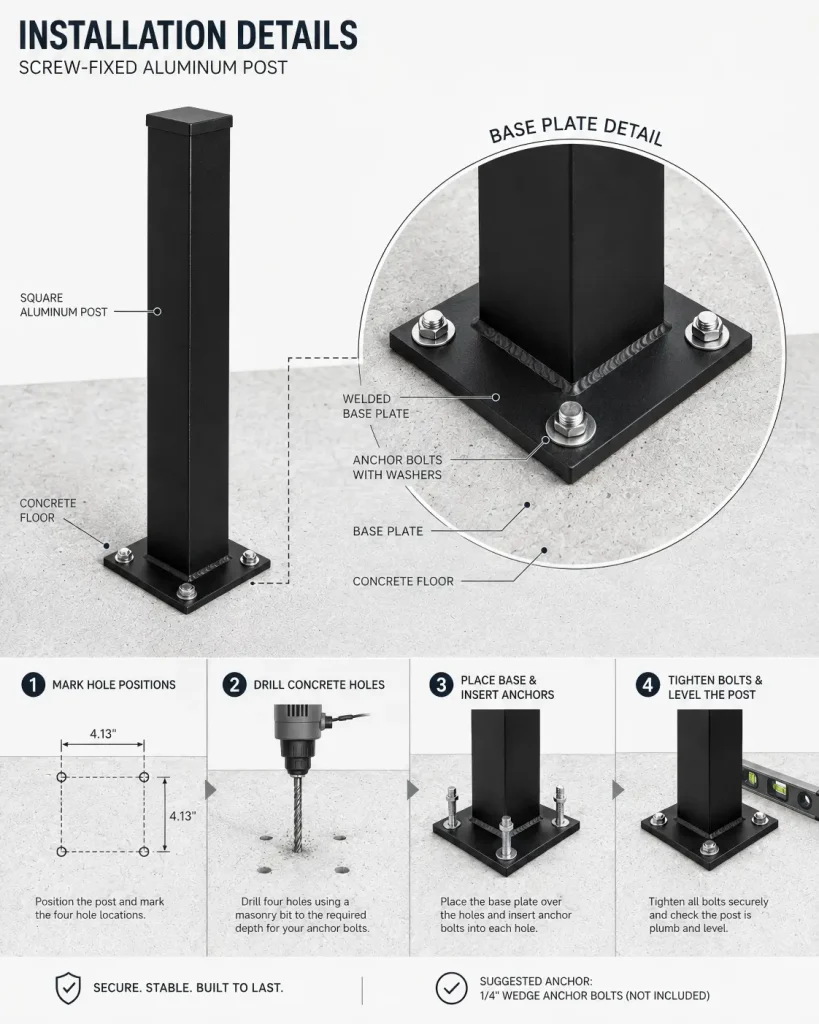 screw-fixed aluminum post with base plate Installation Method