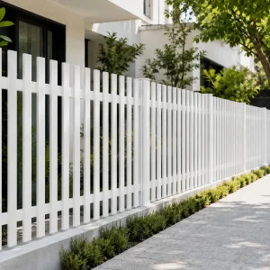 White vertical aluminum slat fence with square posts