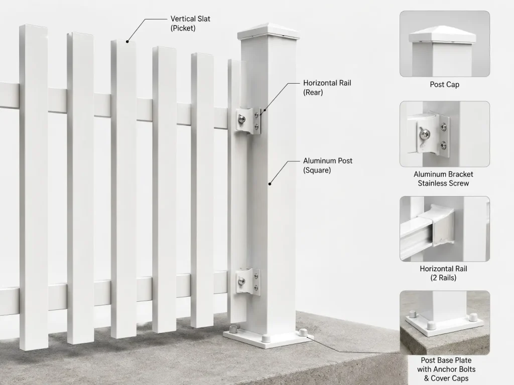 White Aluminum Vertical Slat Fence – Modern Garden Fence with Square Posts